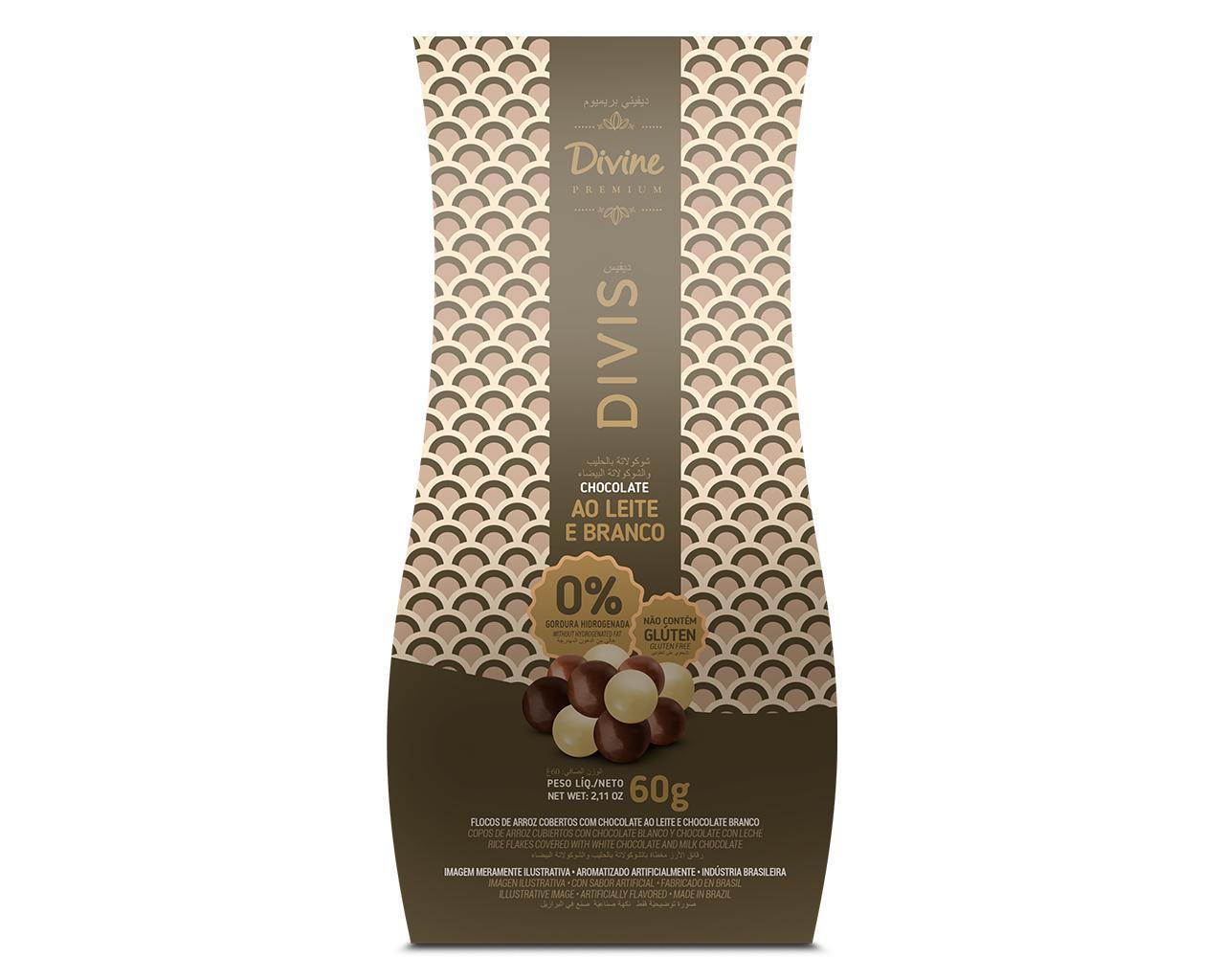 CARTUCHO DRAGEAS FLOCOS ARROZ C/CHOC AO LEITE 37% CACAU E CHOC BRANCO 60g - DIVIS PREMIUM