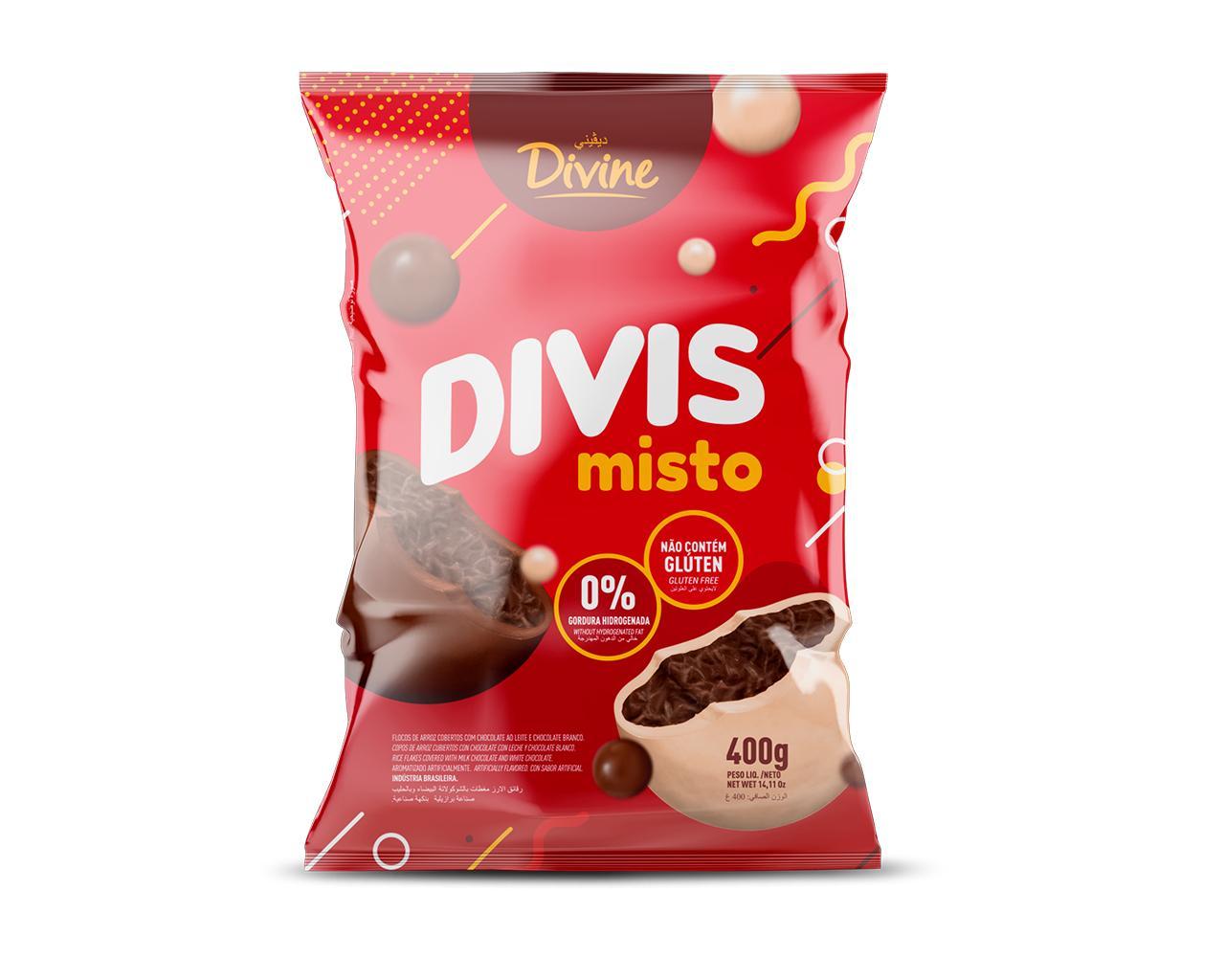 DRAGEAS FLOCOS ARROZ C/CHOC AO LEITE 37% CACAU E CHOC BRANCO 400g - DIVIS MISTO