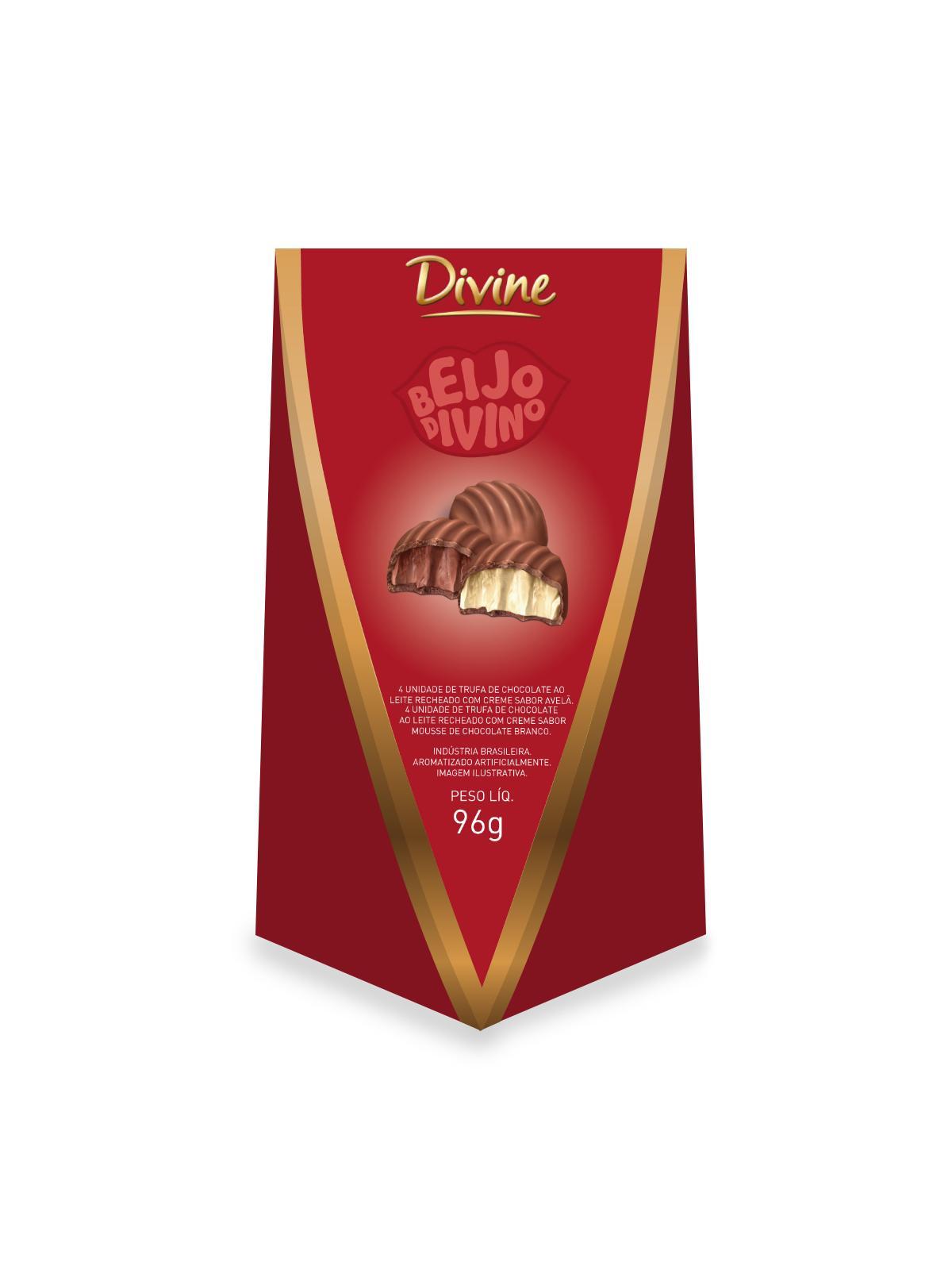 DISPLAY TRUFAS CHOC AO LEITE 37% CACAU C/RECH CREME DE AVELA E MOUSE CHOC BRANCO 96g - BEIJO DIVINO